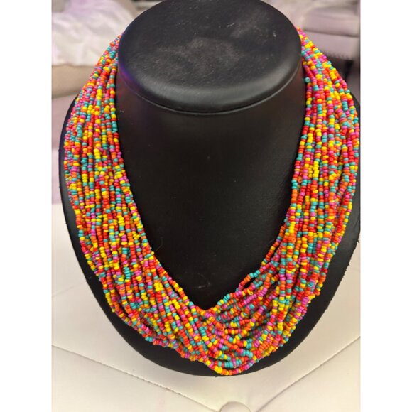 You and I Jewelry - Vintage Rainbow Beaded Torsade Necklace Multi-Strand Statement Y2K